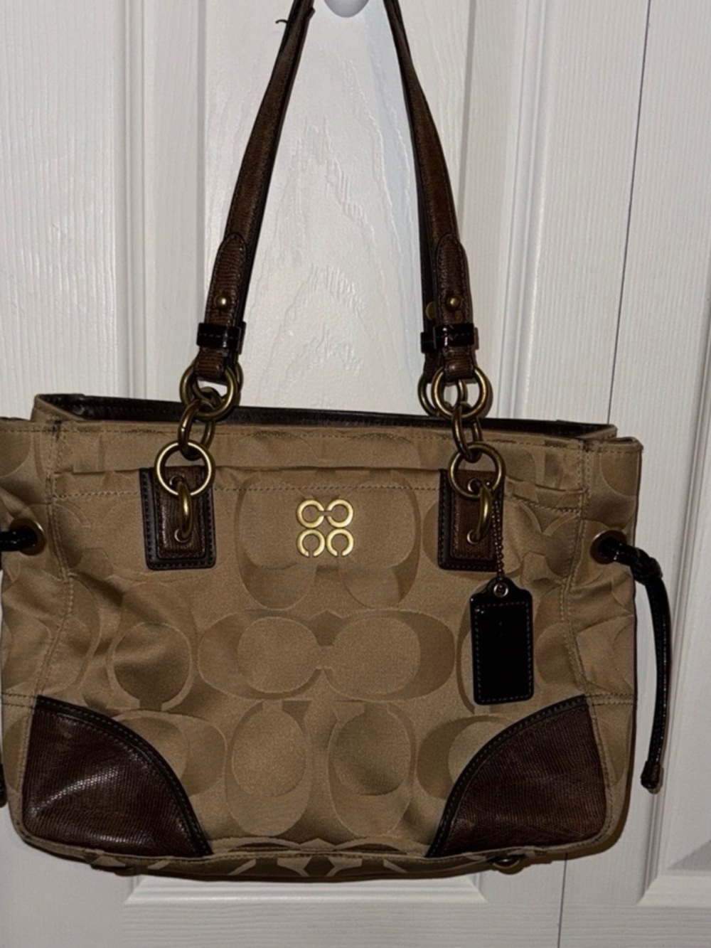 Coach Signature Shoulder Bag Tan Brown Jacquard Tote Purse